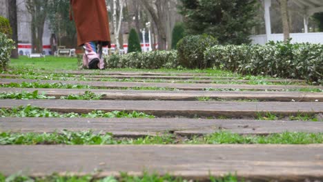 a woman walks on a path through a park