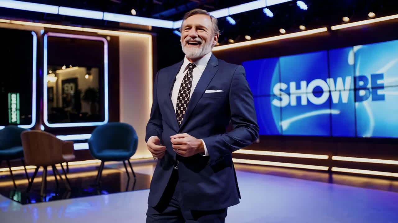 Man in suit hosting a talk show