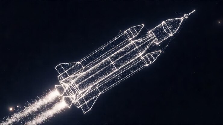 A Stunning Visualization of a Rocket Launch: Experience the Exhilarating Moment of a Rocket Ascending into Space with Sparkling Effects and a Dynamic Trail of Starlight