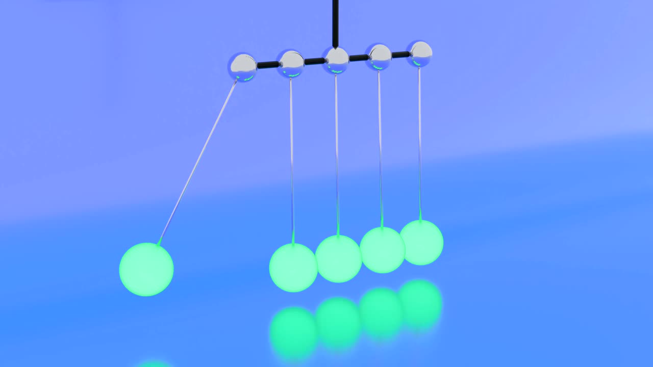 빛나는 뉴턴 공을 가진 애니메이션, 물리학에서 법칙을 증명하기 위한 3d 뉴턴 진동, 움직이는 공을 가진 뉴턴 진정 진동