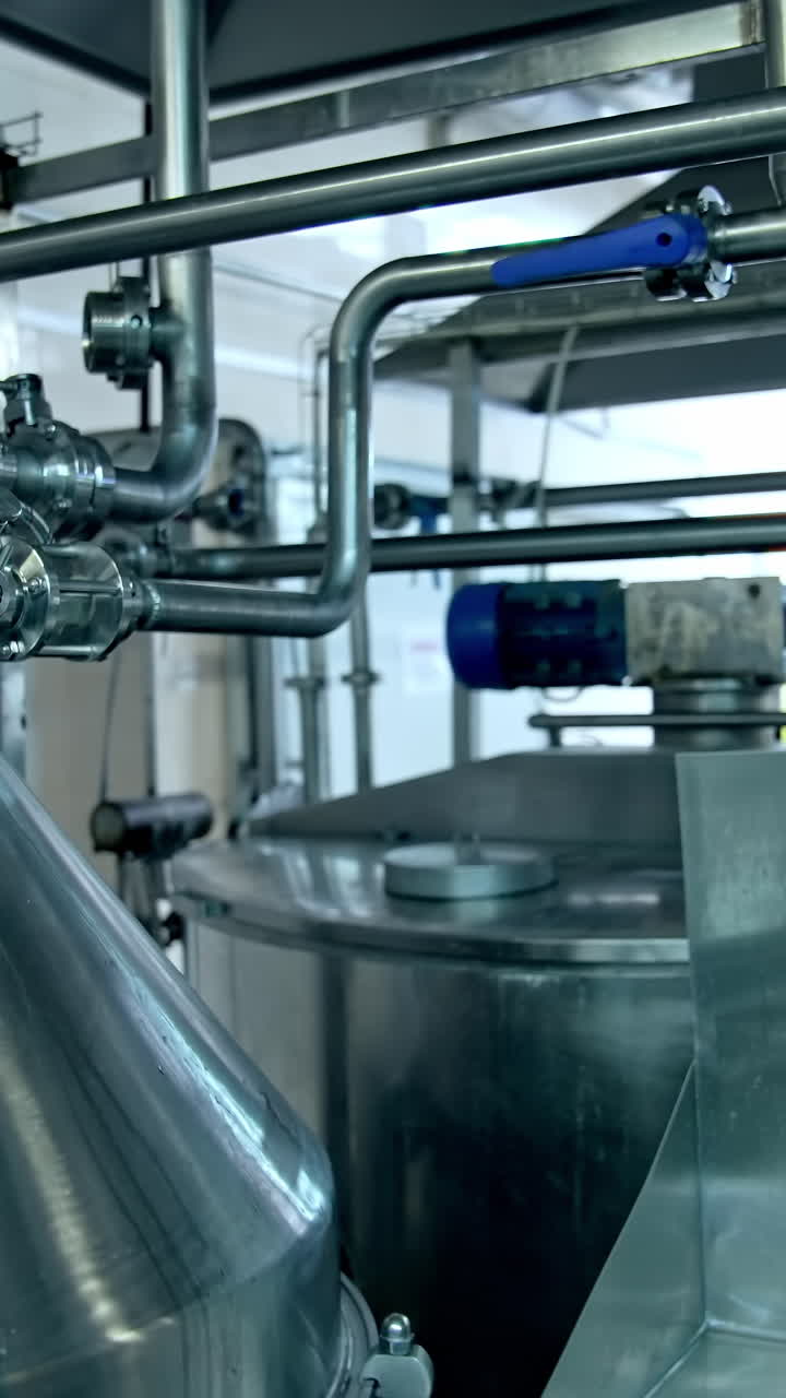 Huge factory milk tanks for producing butter. Factory cheese making in big production industry. Vertical video