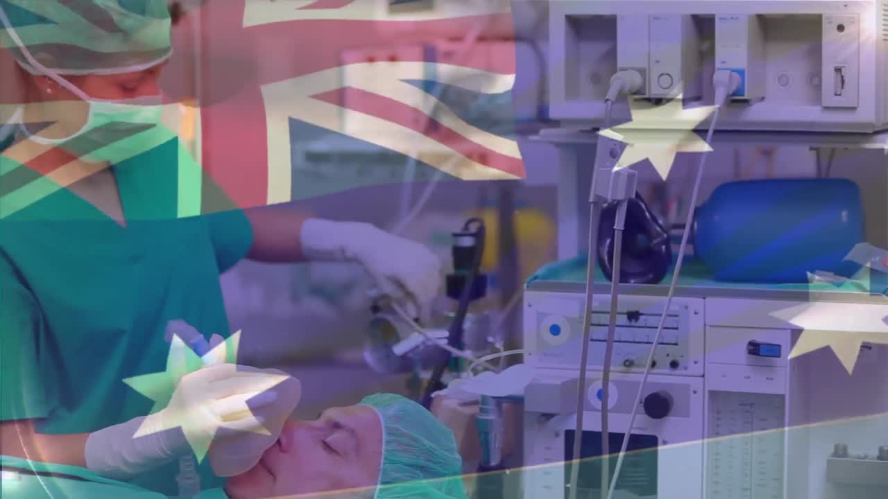 다양한 의사들이 수술실에서 환자에게 수술을 하는 오스트레일리아 발의 애니메이션