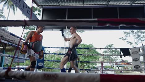 muay thai fighters training in a boxing ring