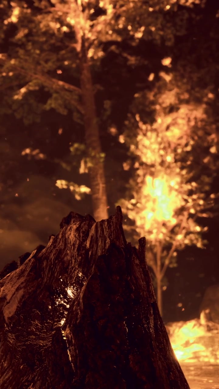 Fire burns wood in a forest during nighttime with bright lights and smoke