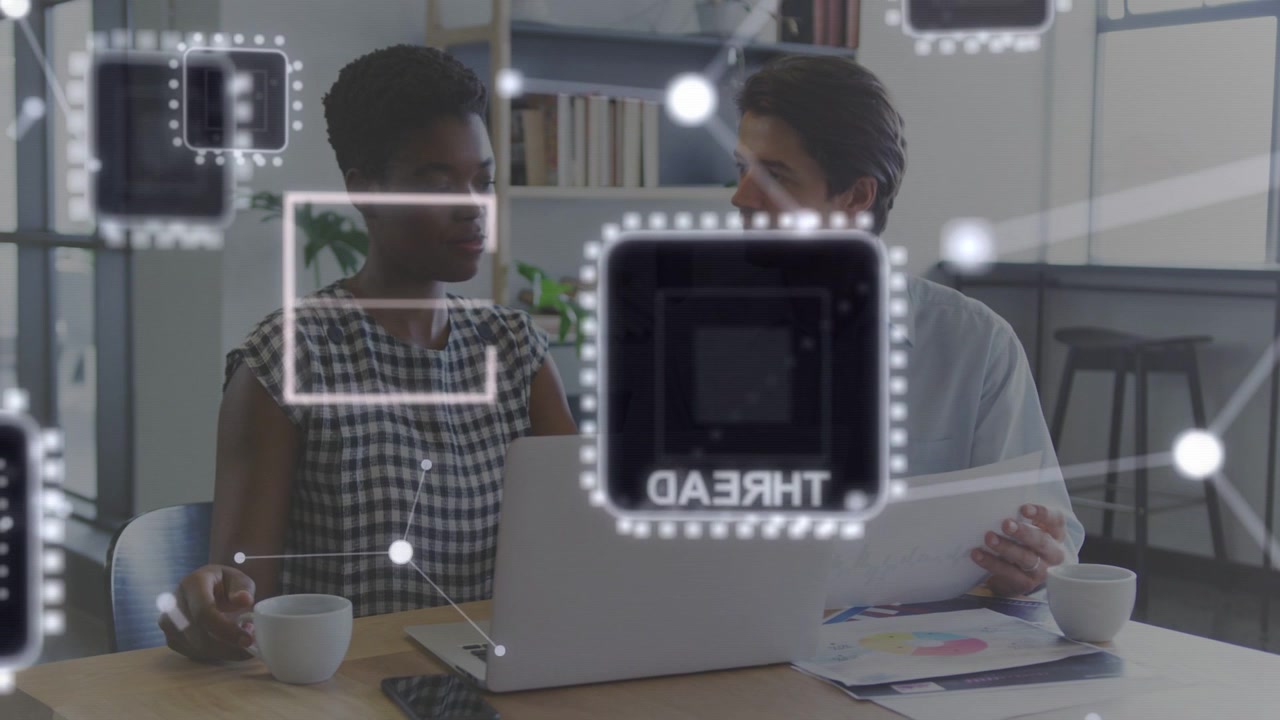 Vertical video: Animating overlay drawing pair in plaid top and light shirt comparing laptop charts