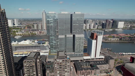 de rotterdam building with cruise ship terminal and nieuwe maas river in background