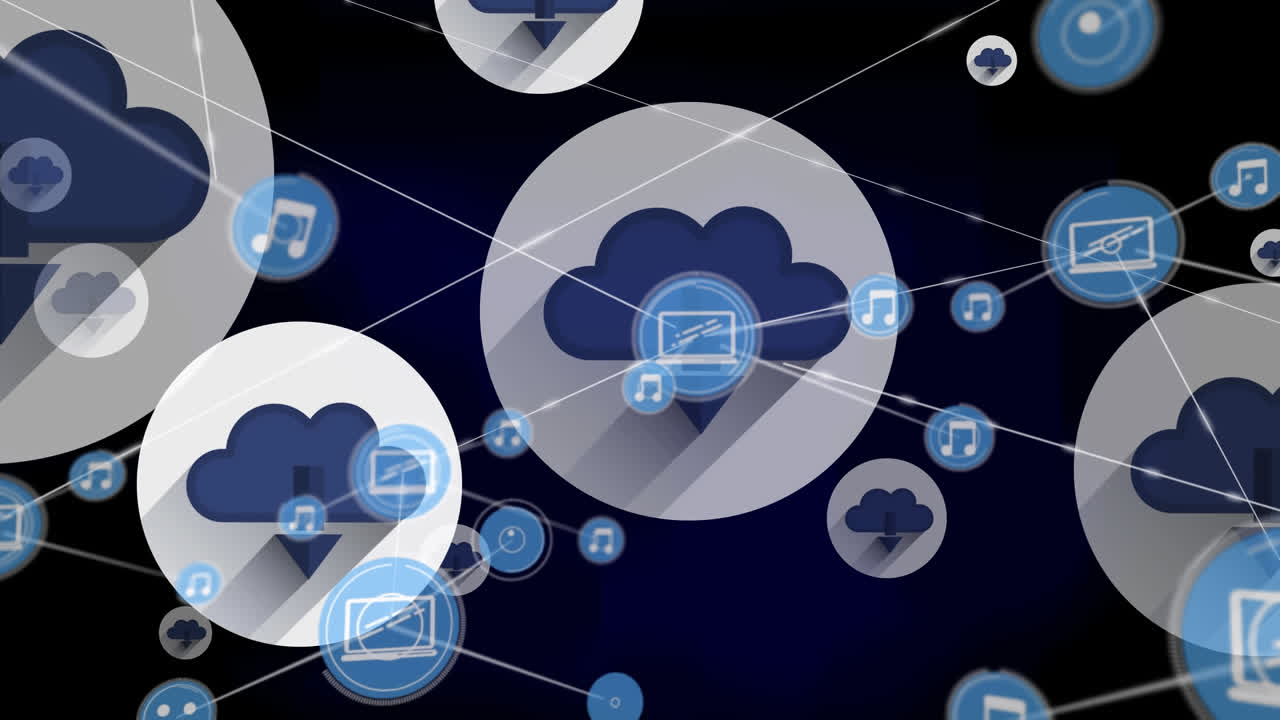 Animation of network of connections over clouds on black background