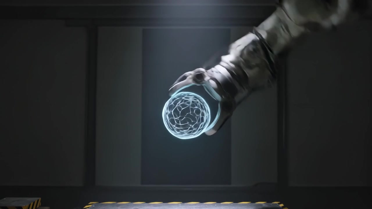 Moving robotic arms rotating glowing orb above caution-taped bench on control signal for testing