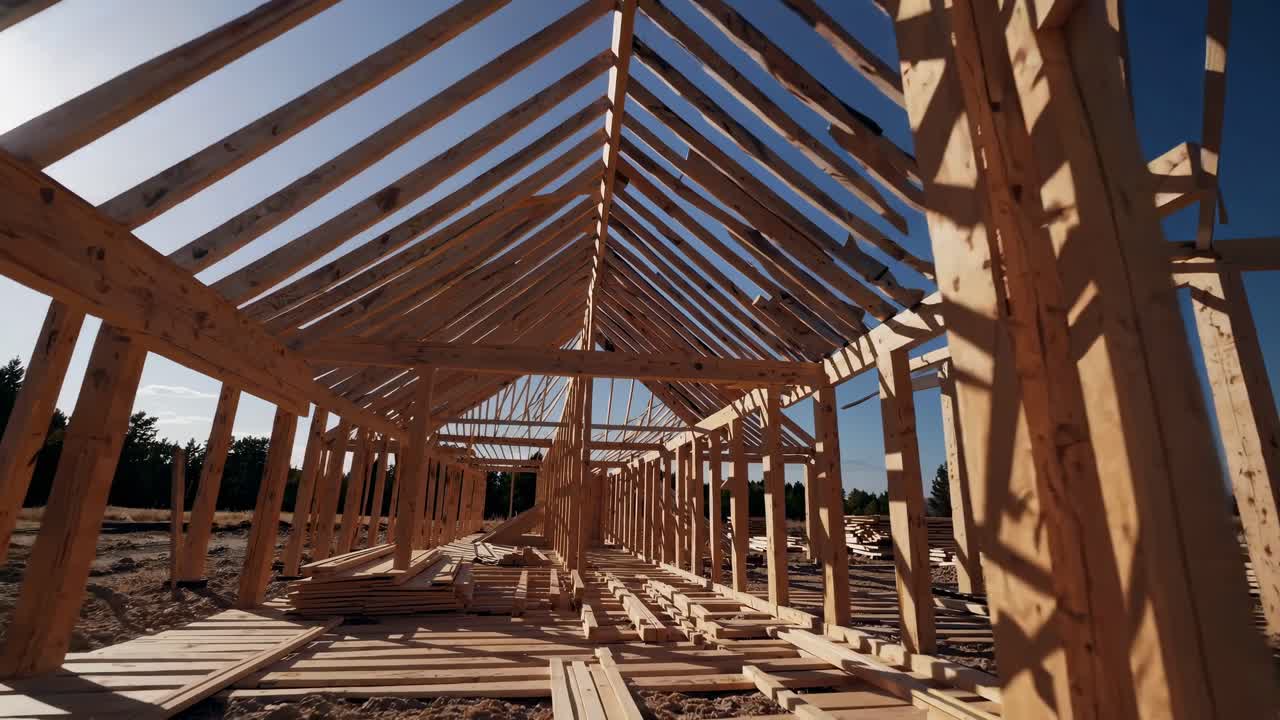 Low-angle video of a wooden house frame under construction, capturing the intricate beams