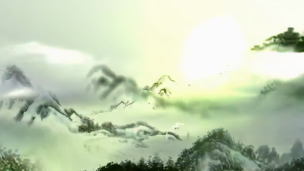 낮에는 고대 중국 전통 일본 풍경 스타일의 잉크, 대나무, 질, 아름다운 평온한 나무, 산, 꽃, 호수, 물, 새, 파란 하늘, 배, 체리 꽃의 계절.