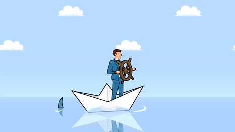 flat cartoon businessman character with helm wheel floating on paper boat with shark businesss control concept animation