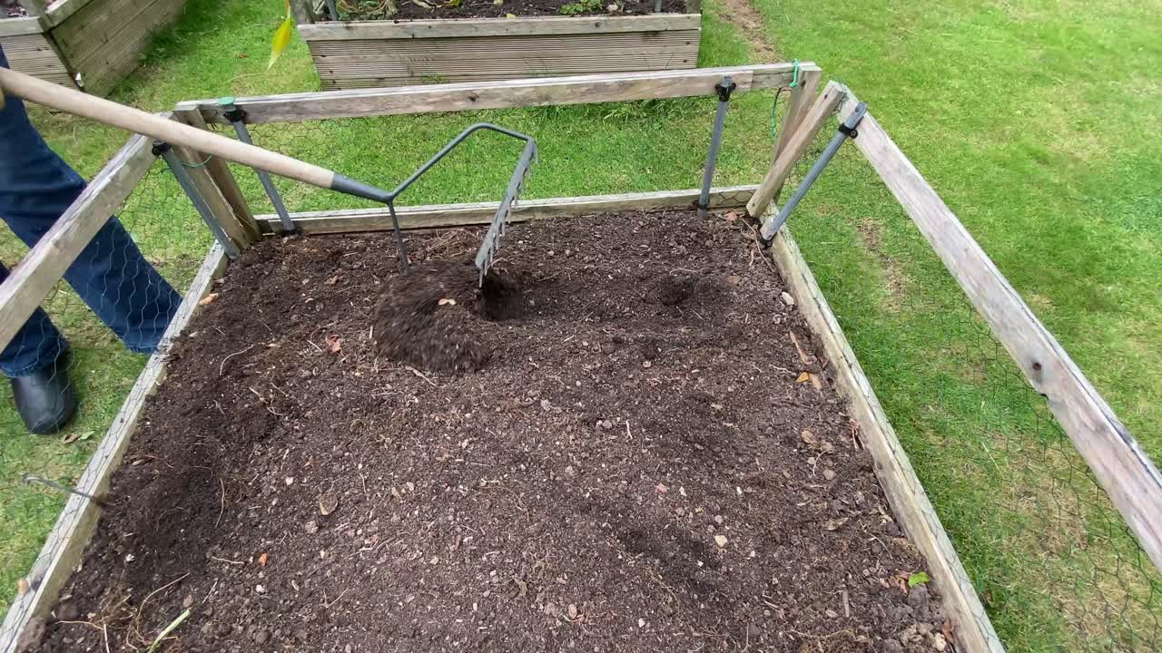preparando una pequeña parcela elevada cuadrada para papas navideñas