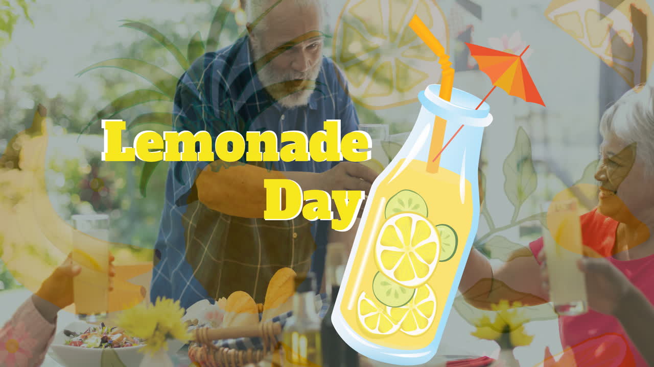 레모네이드 데이 텍스트와 레모네이드 아이콘의 애니메이션 카우카스족 가족이 레모네이드를 마시고 있습니다.