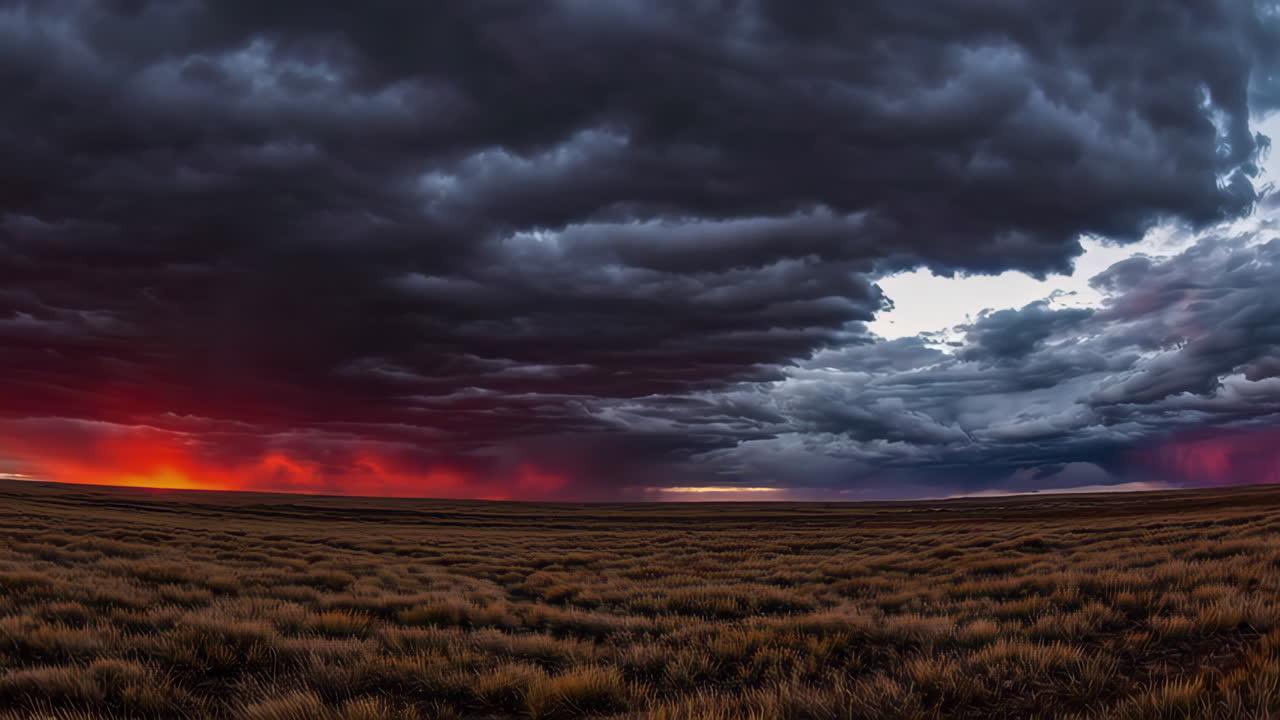 Dramatic Stormy Sunset over a Grassland