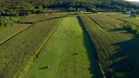 Toma-Aérea-Alta-De-Un-Campo-De-Cultivo-Al-Atardecer-Con-Fardos-De-Trigo-Creando-Sombras