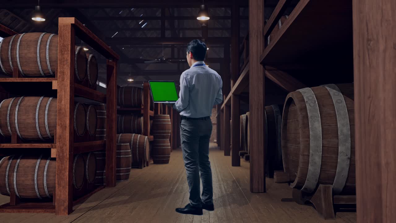 Full Body Back View Of An Asian Male Professional Worker Standing In Cellar Of Winery, Typing On Laptop'S Keyboard With Green Screen And Look At The Factory Once