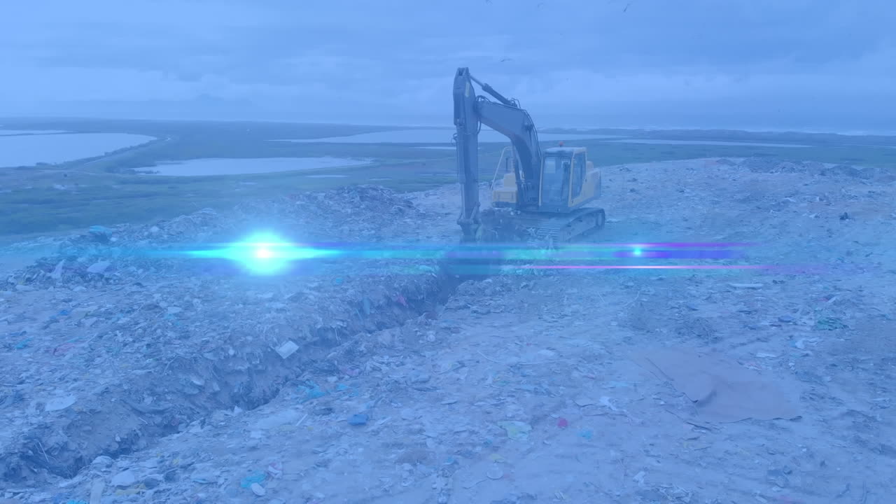 animación de una mancha azul brillante sobre la excavadora en el sitio de eliminación de residuos