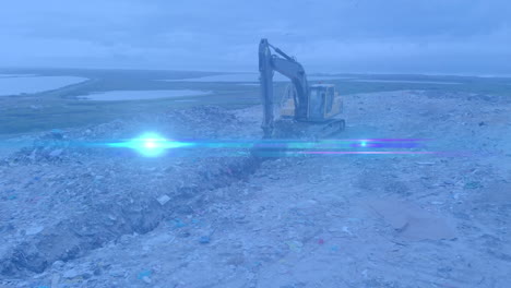 animation of glowing blue spot over digger in waste disposal site