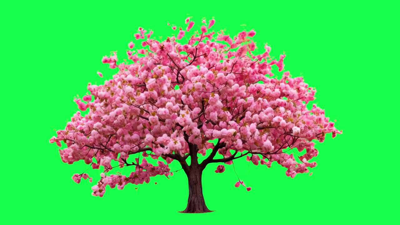 Animación aislada de un vibrante cerezo en flor, vídeo transparente en 4K, pantalla verde