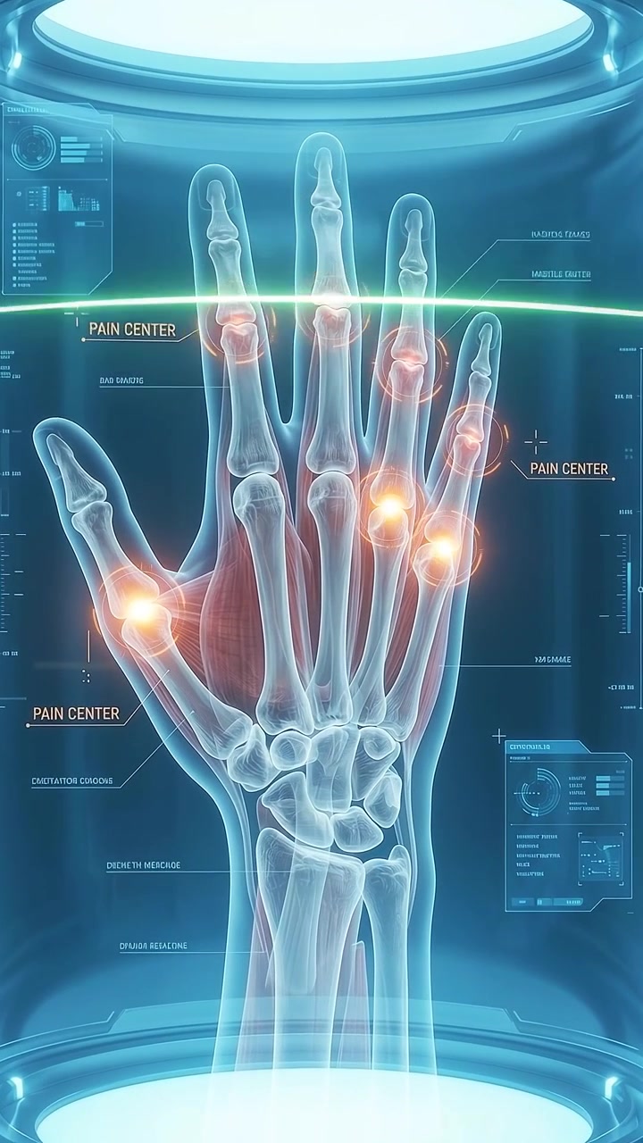 Exame médico digital da mão humana mostrando pontos de dor