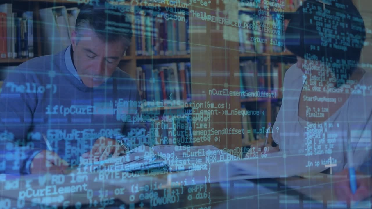Animation of data processing over business people handshake