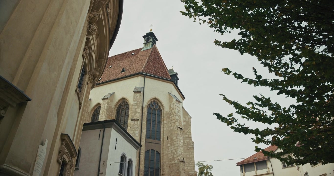 Facciata gotica, finestre ad arco e tetto imponente della Cattedrale di Graz, incorniciati dagli alberi vicini. Austria.