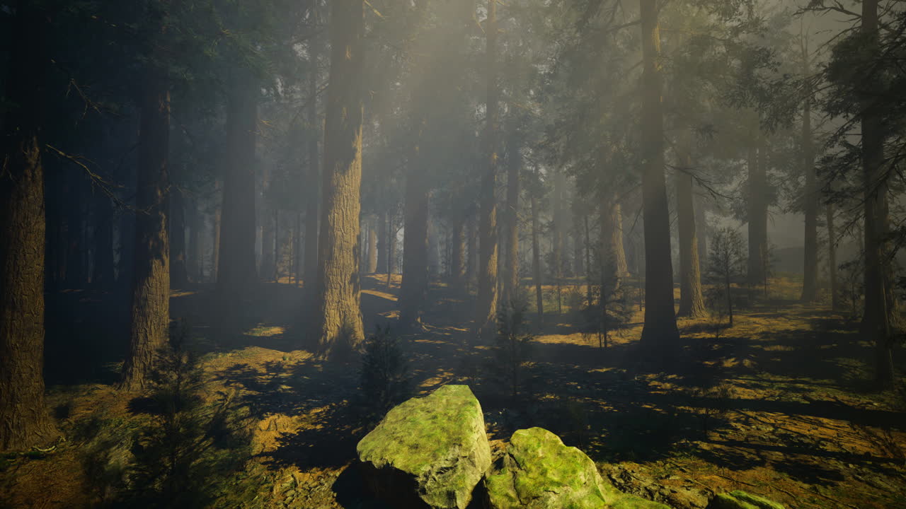 Sunlight filters through a dense forest casting shadows on the ground