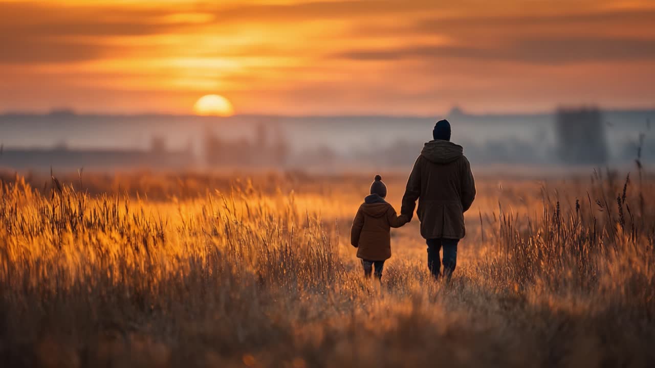 A Heartwarming Sunset Stroll: A Parent and Child Embrace Nature's Beauty While Enjoying a Peaceful Walk Hand in Hand Through the Golden Fields at Dusk