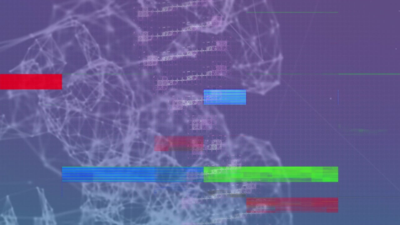 Animation of data processing and network of connections over cityscape drawing