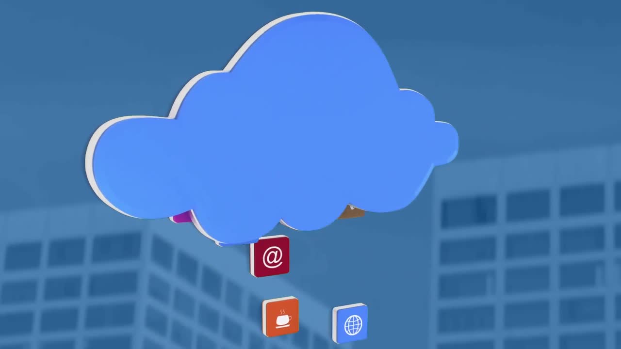 animación de iconos digitales volando en el icono de la nube azul sobre edificios modernos