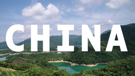 Time-Lapse-Shot-Of-Mountains-And-Coastline-In-China-With-Animated-Graphic-Spelling-Out-China