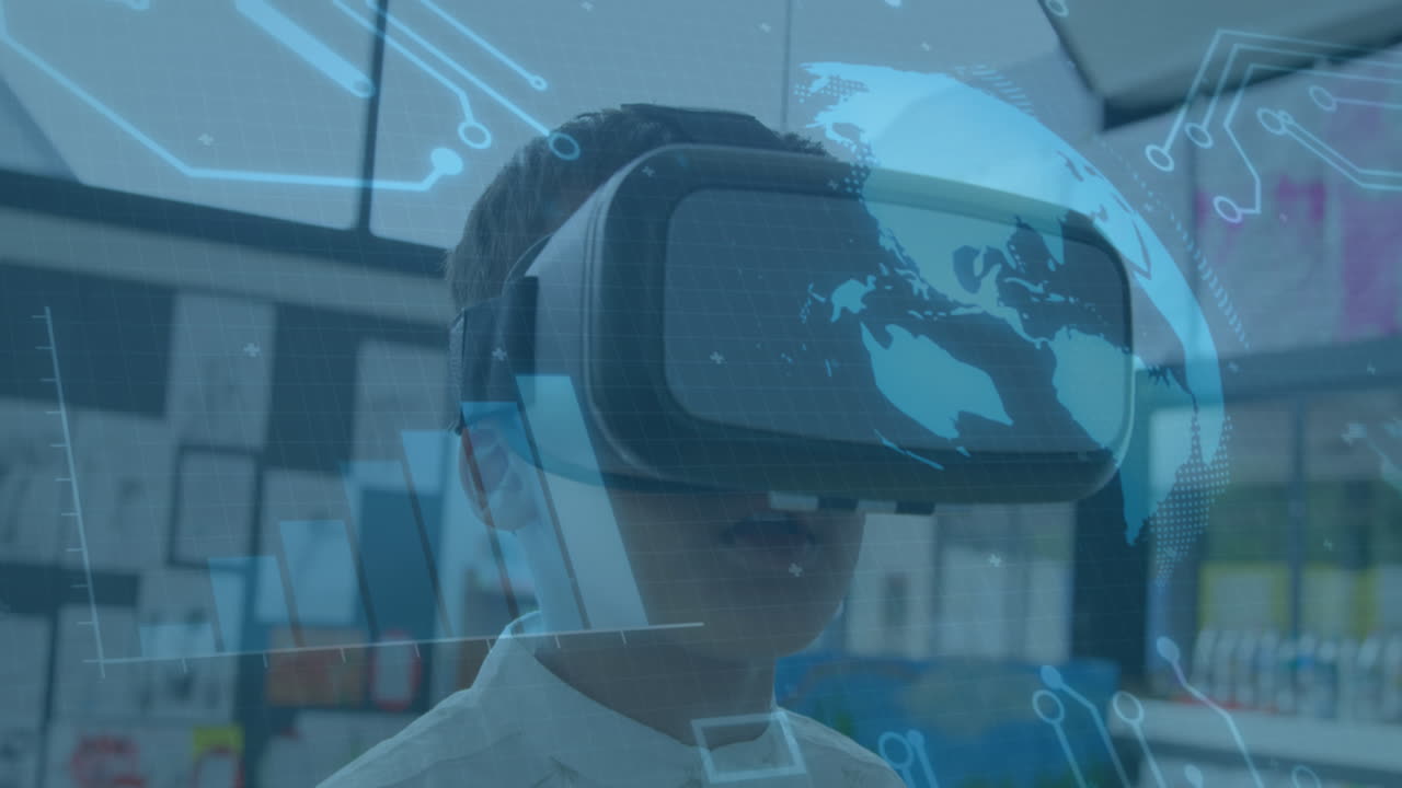 Animation of globe spinning and processor elements over schoolboy wearing vr headset