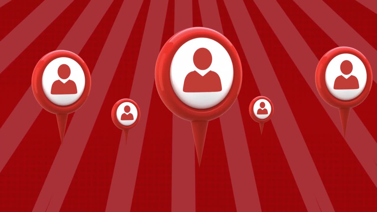 Animation af røde person- og sociale medier-ikoner over roterende røde striber, der bevæger sig i en uafbrudt sløjfe
