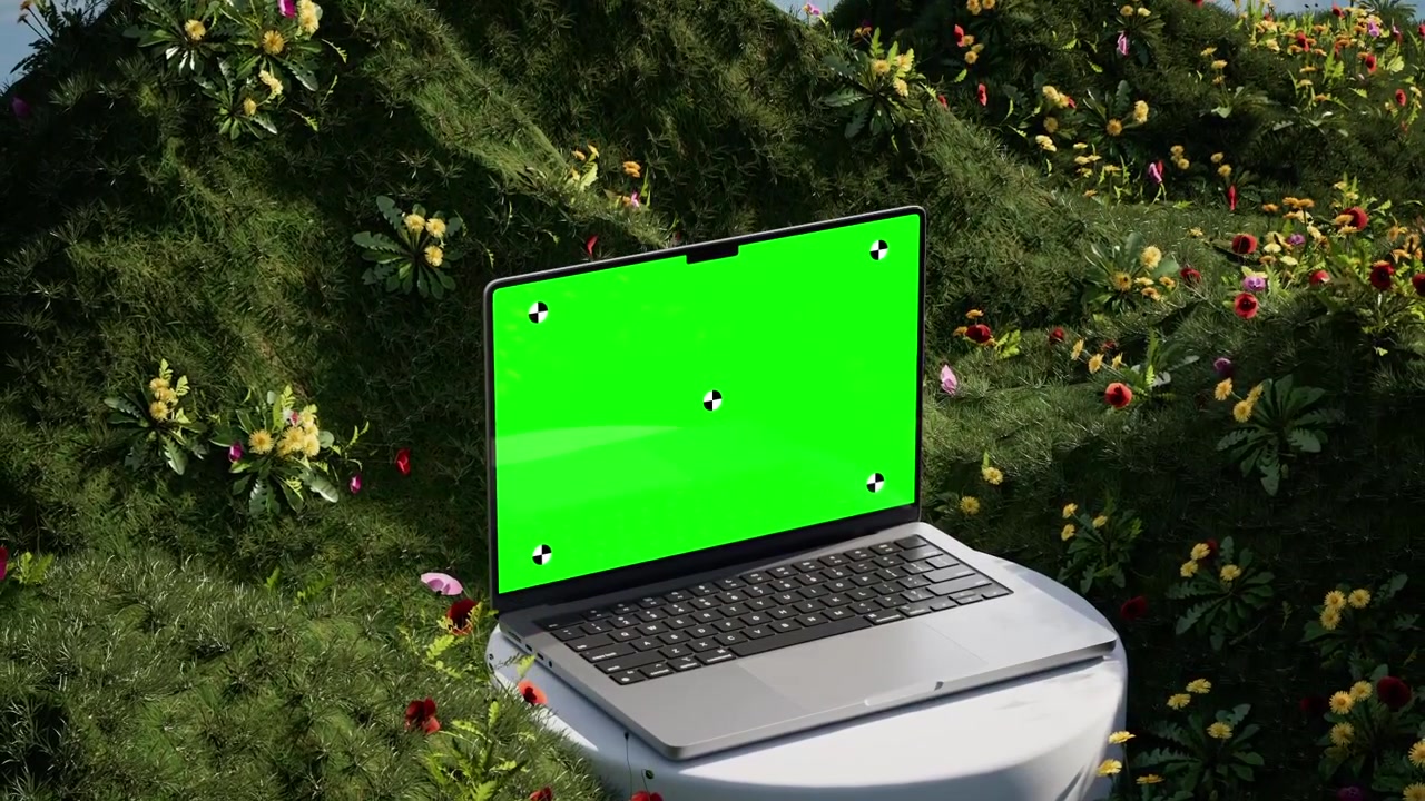 Laptop con schermo verde su una collina erbosa con fiori