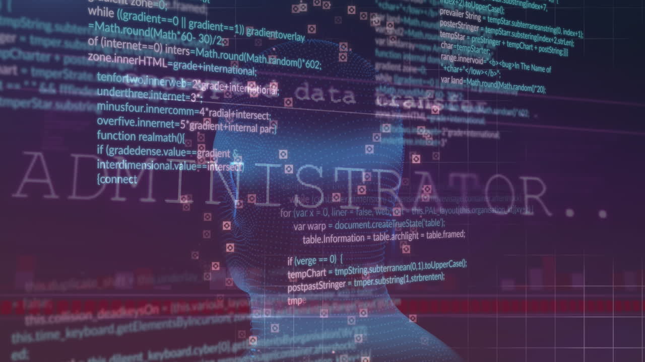 보라색 배경에 회전하는 인간 머리 모델에 대항하여 그리드 네트워크에서 데이터 처리 애니메이션