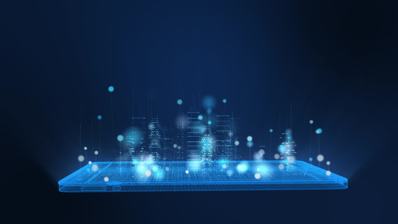 밝은 디지털 태블릿과 도시 와이어 프레임의 애니메이션, 밝은 파란색과 색의 입자, 구 모양의 입자 선이 상승하는 디지털 기술 및 통신 개념.