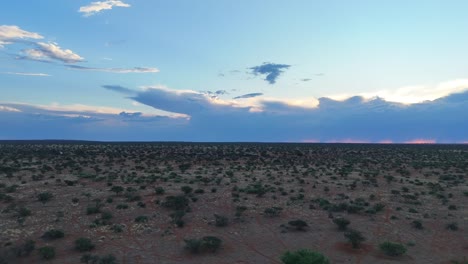 반 건조한 칼라하리 부쉬벨드 (kalahari bushveld) 를 날아다니는 드론, 배경에는 산이 있습니다.