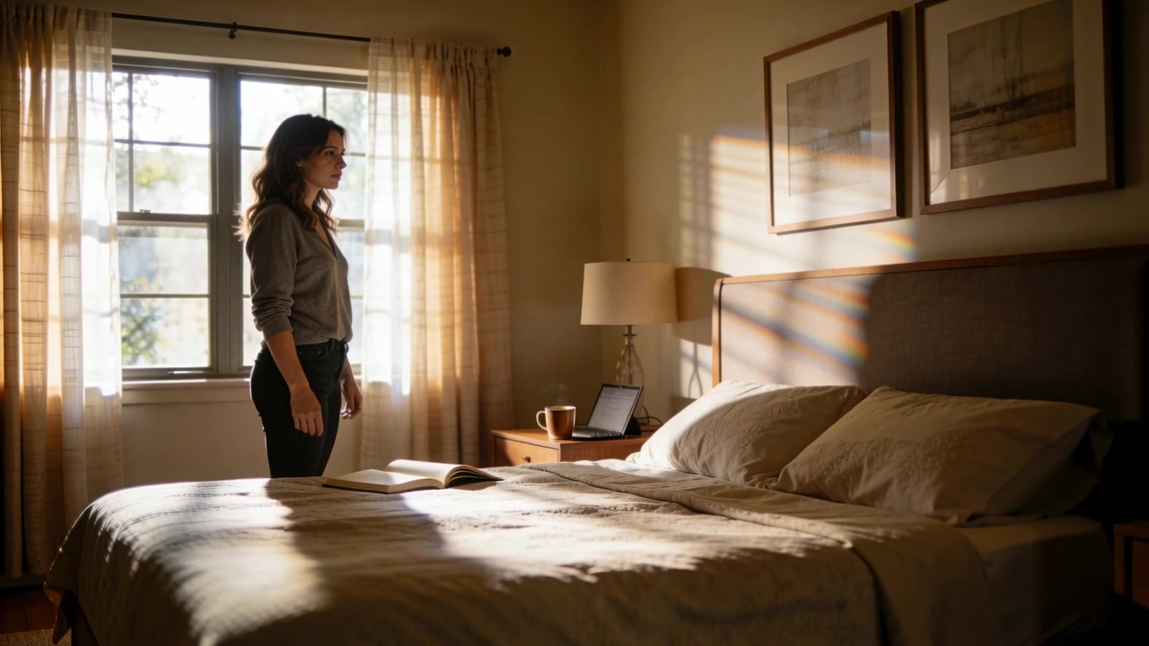 Standing woman in grey-top pants gazing toward open book in bedroom, sun urging reading, copy space