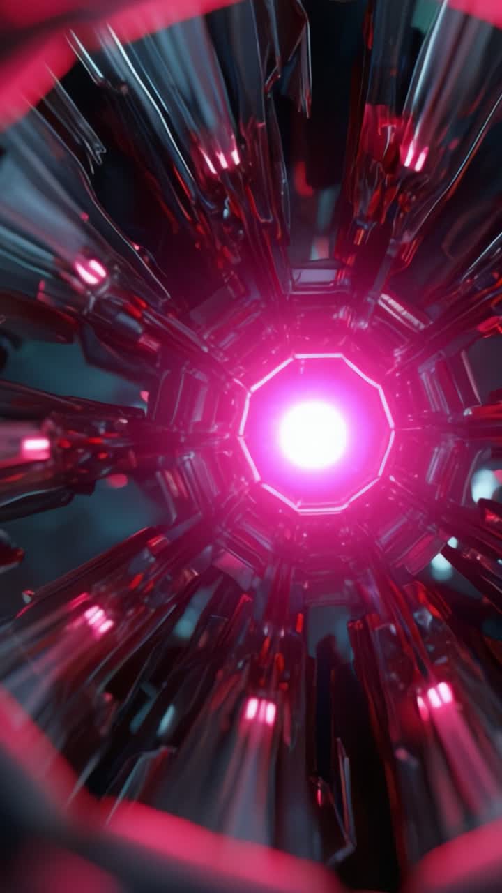 Esplorando una struttura futuristica con un nucleo rosa radioso circondata da forme geometriche affilate e riflettenti e intricati effetti di luce in un ambiente scuro.
