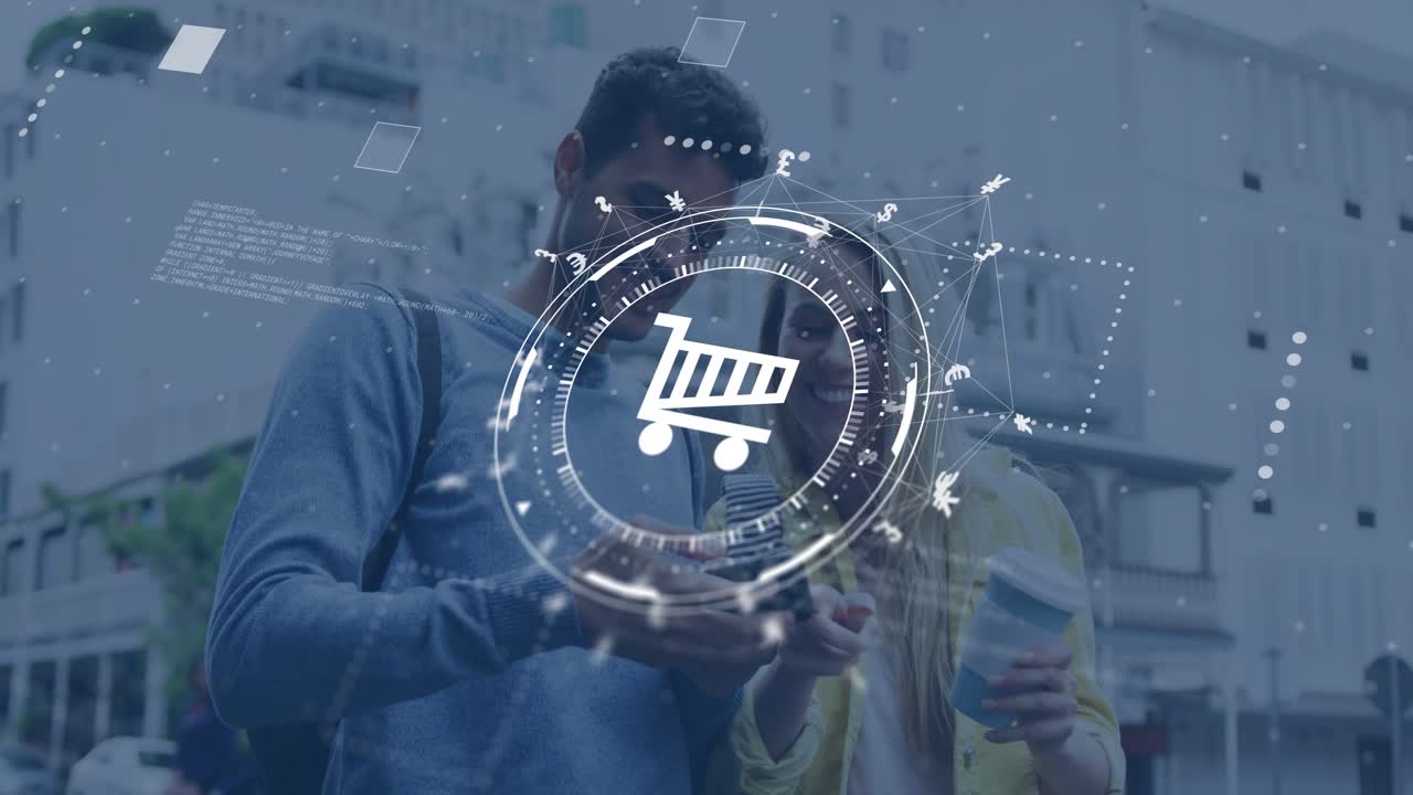 Man tapping phone while woman pointing with animated cart HUD appearing, guiding retail browsing