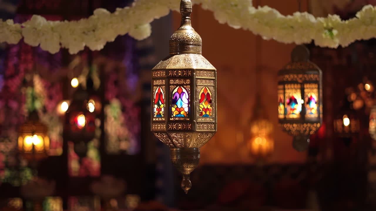 Ornate Moroccan Style Lantern with Stained Glass for Festive Decor