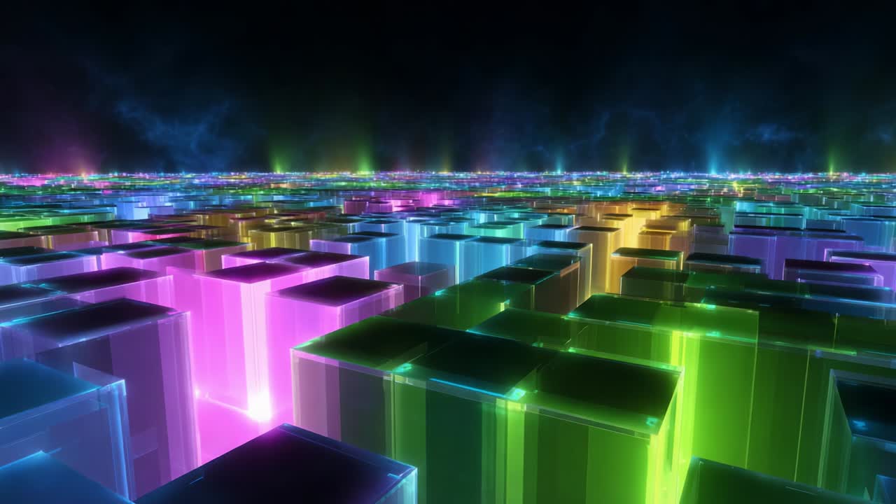 An Expansive Landscape of Radiant Cubes Illuminated with a Spectrum of Colors in a Futuristic Digital Environment, Showcasing the Stunning Depth and Vibrancy of Virtual Reality