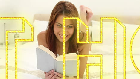 animación de palabras de neón amarillo quedarse en casa sobre una mujer caucásica leyendo un libro