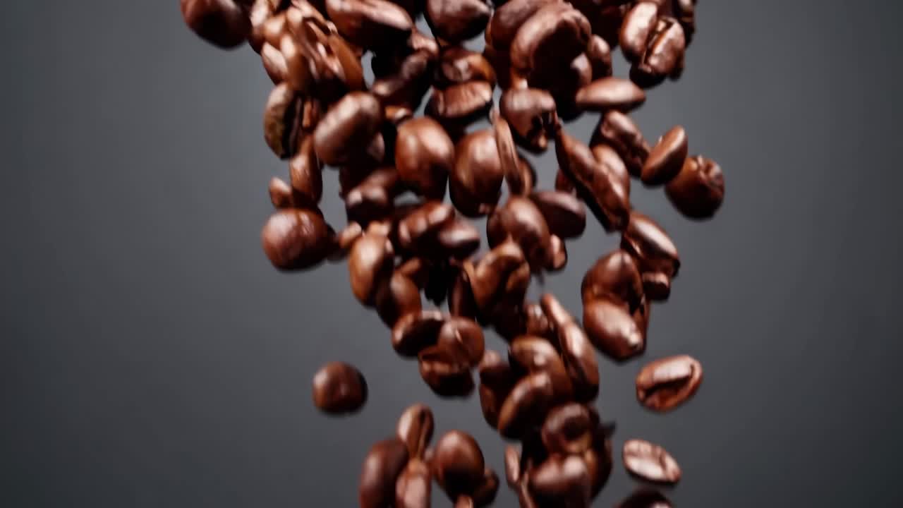 Video ravvicinato di chicchi di caffè che cadono su uno sfondo scuro, ripreso da una angolazione bassa