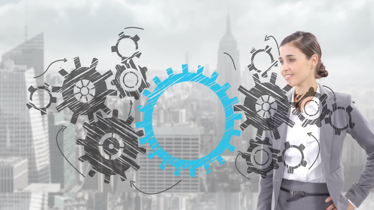 mujer de negocios creando equipo mental contra el fondo del paisaje urbano