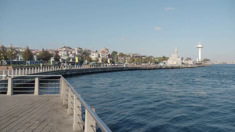 a view of the istanbul skyline from a waterfront walkway