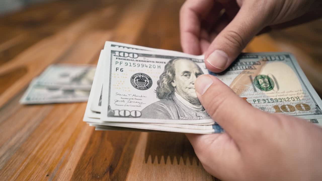 contando con billetes de cien dólares y poniéndolos en una mesa de madera