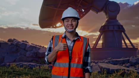 asian male engineer with safety helmet smiling and showing thumbs up gesture to the camera while standing with large satellite dish