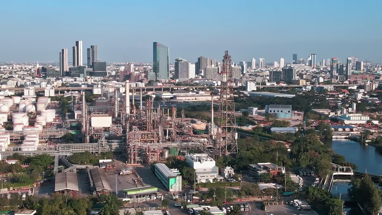Aerial view of Bangkok with buildings and industrial area in one frame