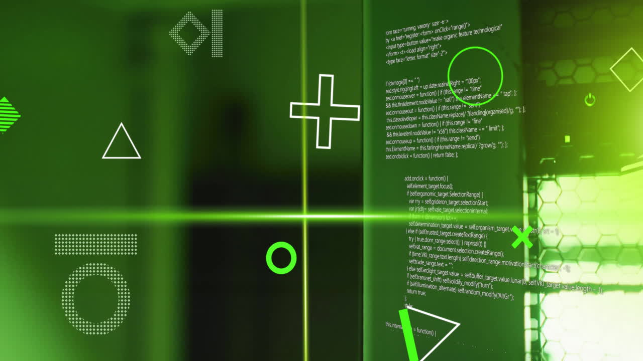 Geometric shapes and coding animation over green background